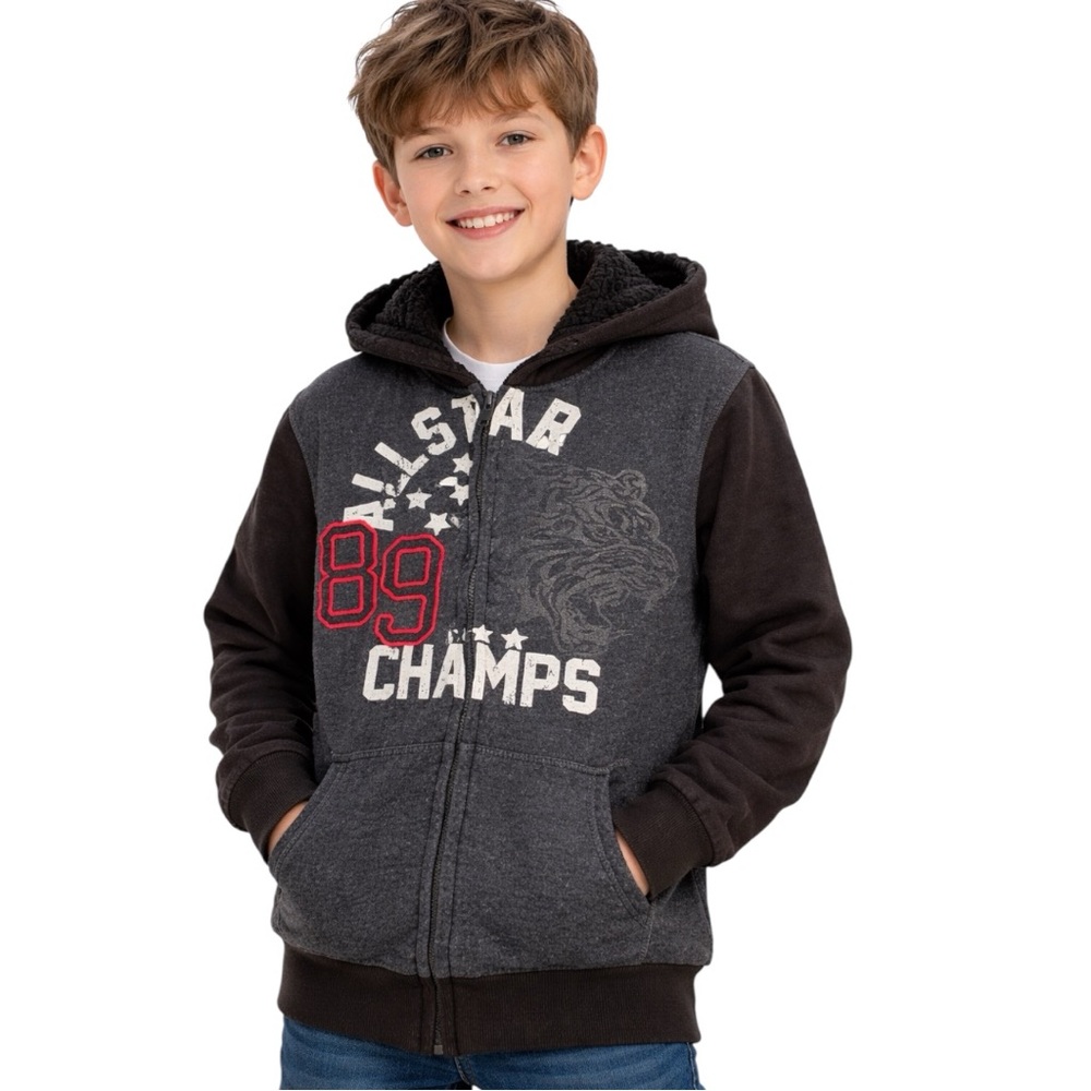 Lee All Star Champs Boys Sherpa Lined Zip Hoodie Jacket Size M 10/12 Gray Black